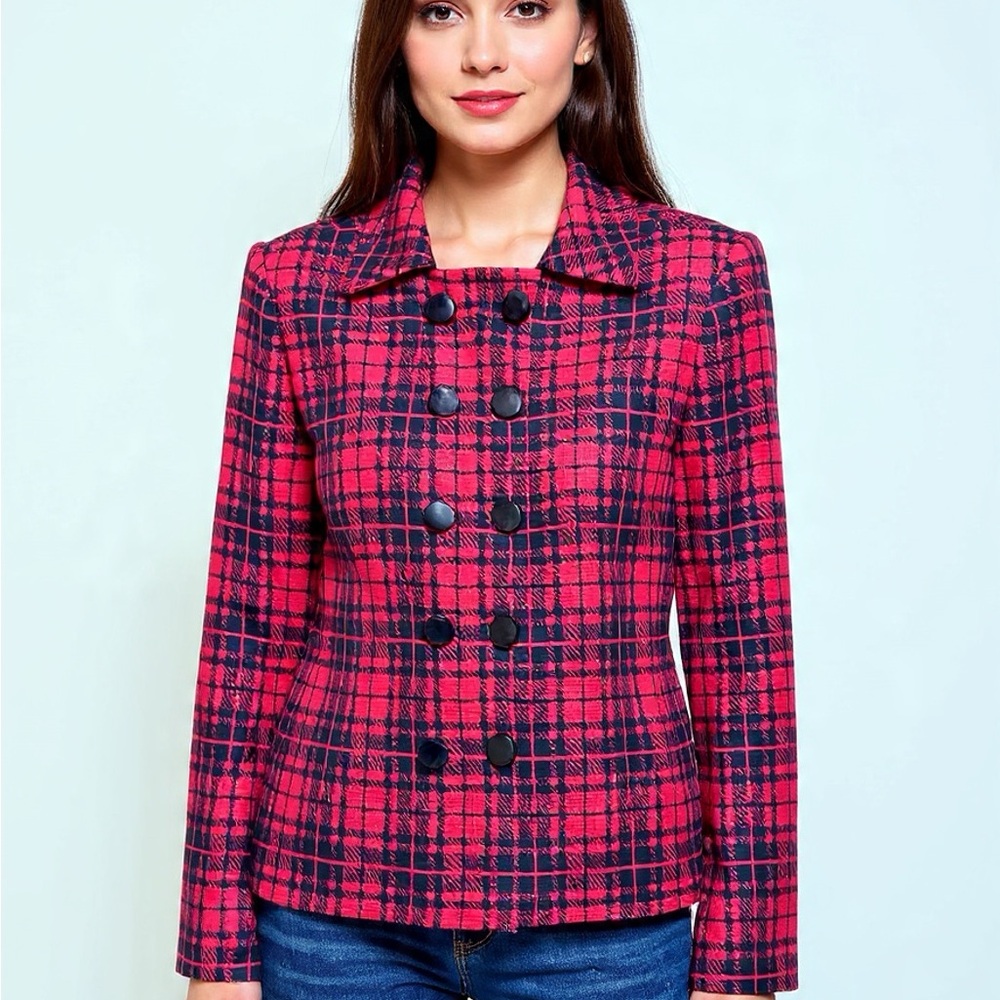 Adrianna Papell Pink & Black Plaid Double-Breasted Blazer